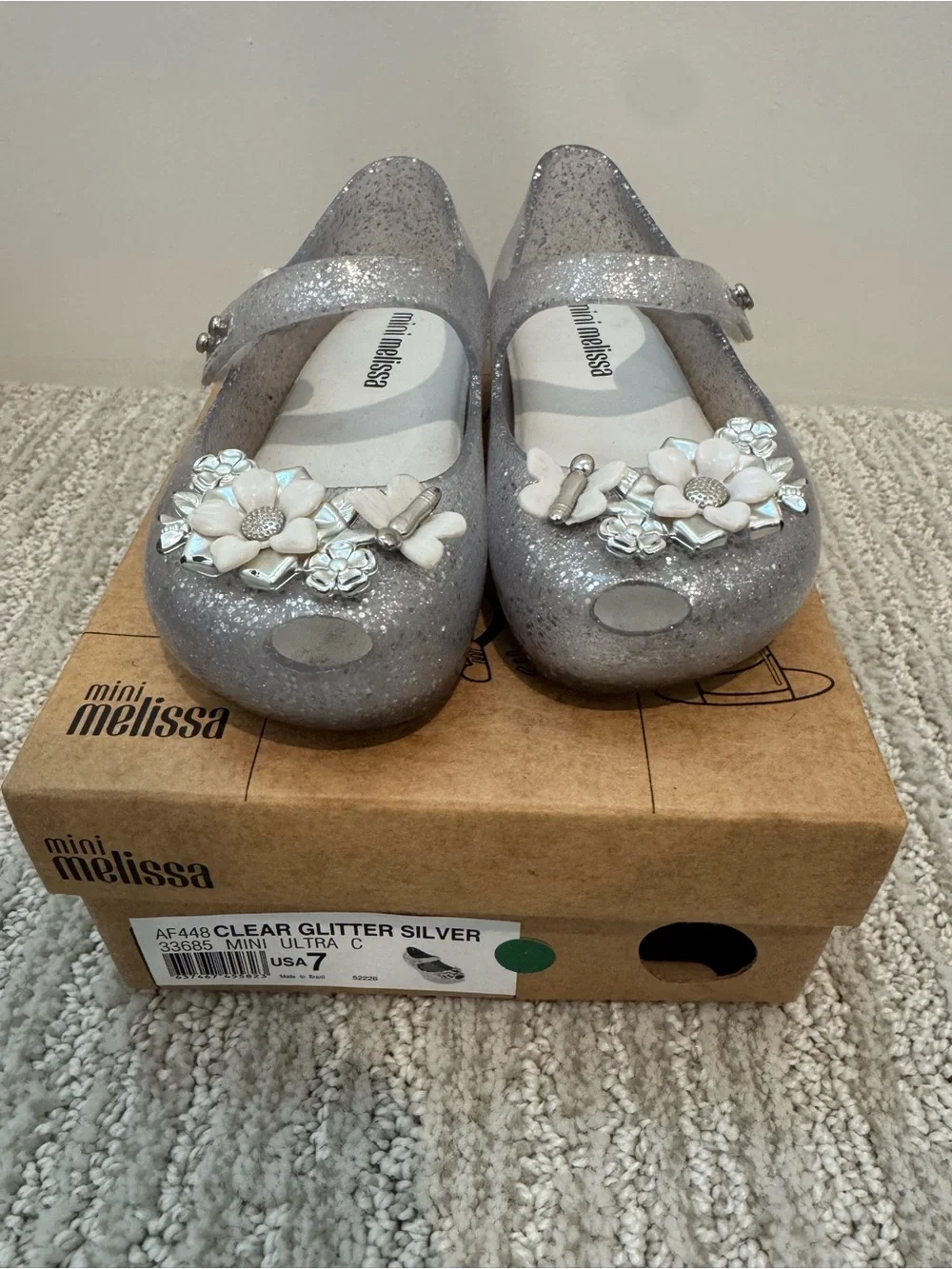 Mini Melissa Silver Glitter Flower Mary Jane Shoes